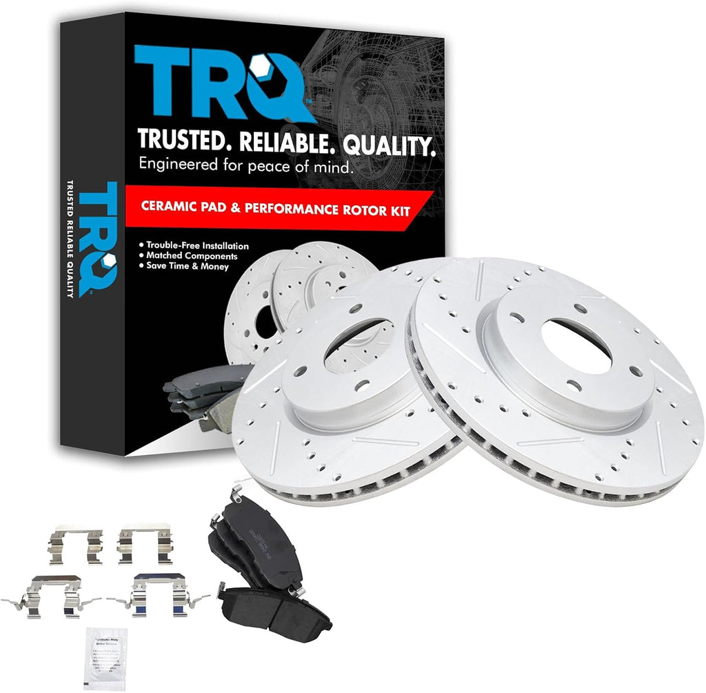 TRQ Performance Front Brake Pad and Rotor Set Ceramic Drilled Slotted Coated Vented Rotors Compatible with 2009-2014 Nissan Cube 2007-2012 Sentra 2007-2012 Versa