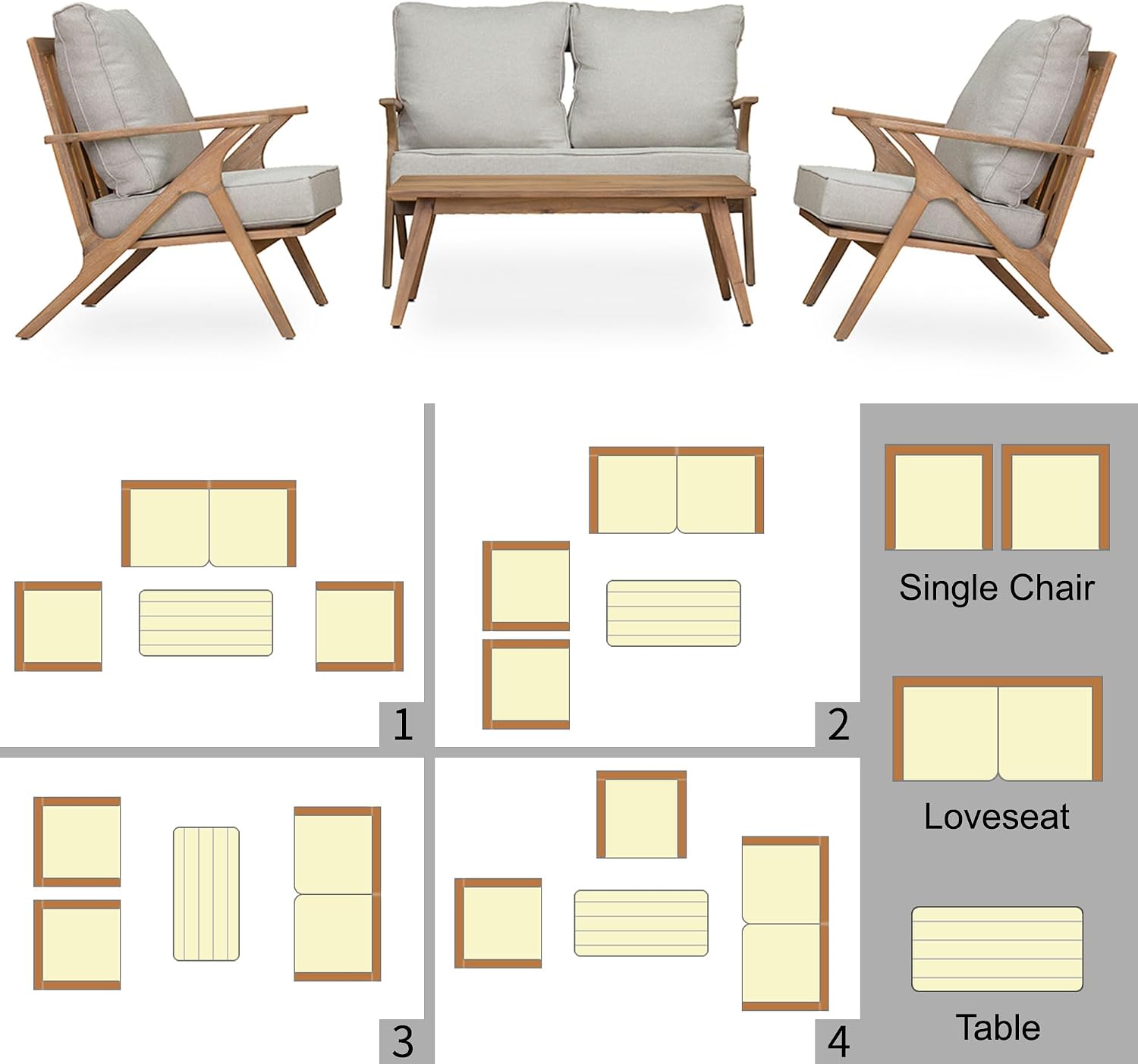 4 Pieces Acacia Wood Patio Furniture Set, Outdoor Seating Sofa Set with Grey Cushions & Back Pillow, Outdoor Conversation Set with Coffee Table (Grey+Brown-GB)