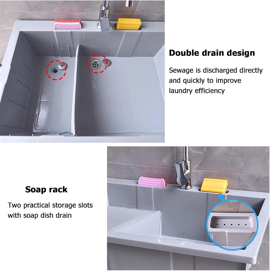 RYTM 31.5'' Plastic Utility Laundry Sink, Freestanding Outdoor Sink Laundry Tub with Washboard, Portable Hand Washing Station with Cold & Hot Water Faucet and Soap Dispenser, Gray