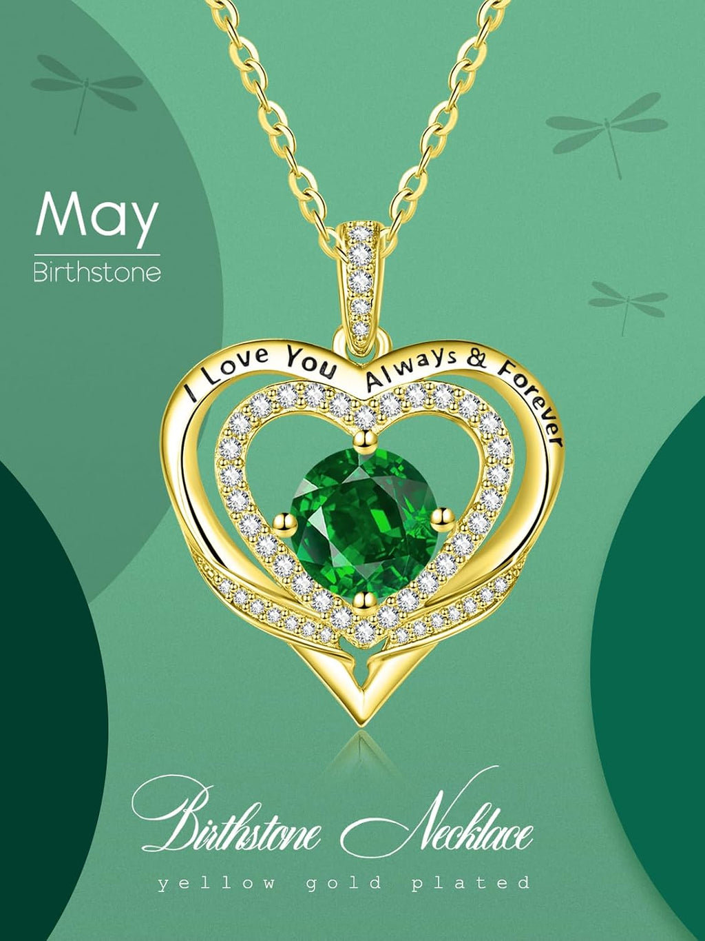 14K Gold Heart Necklaces for Women with Birthstone Pendant ，Double Hearts Necklace Jewelry Gift for Girlfriend Mom Anniversary Birthday Adjustable Chain 18' + 2' 'I Love You Always & Forever