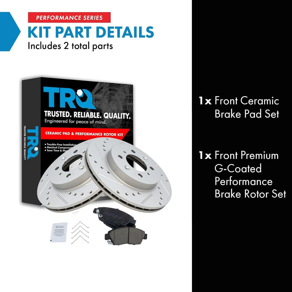 TRQ Performance Front Brake Pad and Rotor Set Ceramic Coated Drilled Slotted Vented Rotors Compatible with 2003-2005 Honda Civic 1994-1997 Civic del Sol 2007-2013 Fit