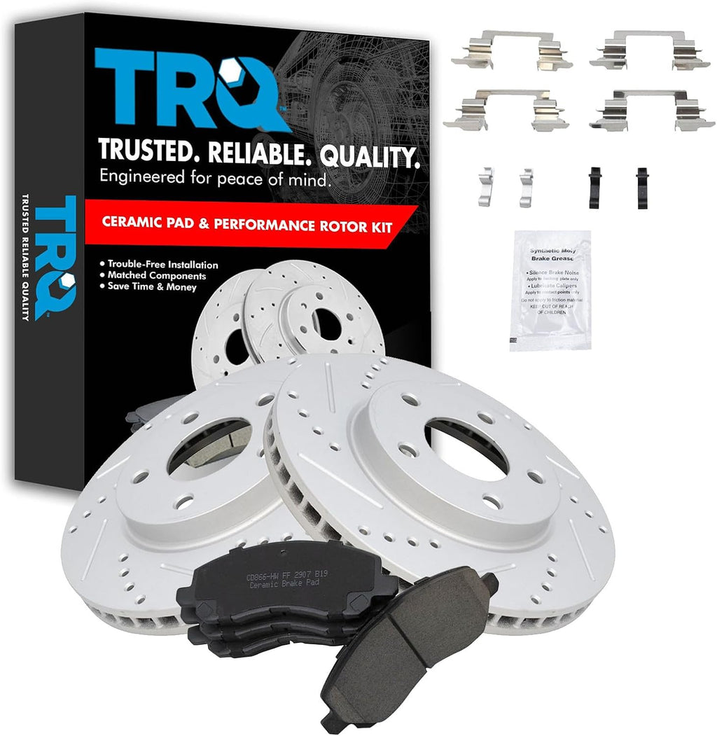 TRQ Performance Front Brake Pad and Rotor Set Ceramic Coated Drilled Slotted Vented Rotors Compatible with 2007-2012 Dodge Caliber 2008-2017 Mitsubishi Lancer
