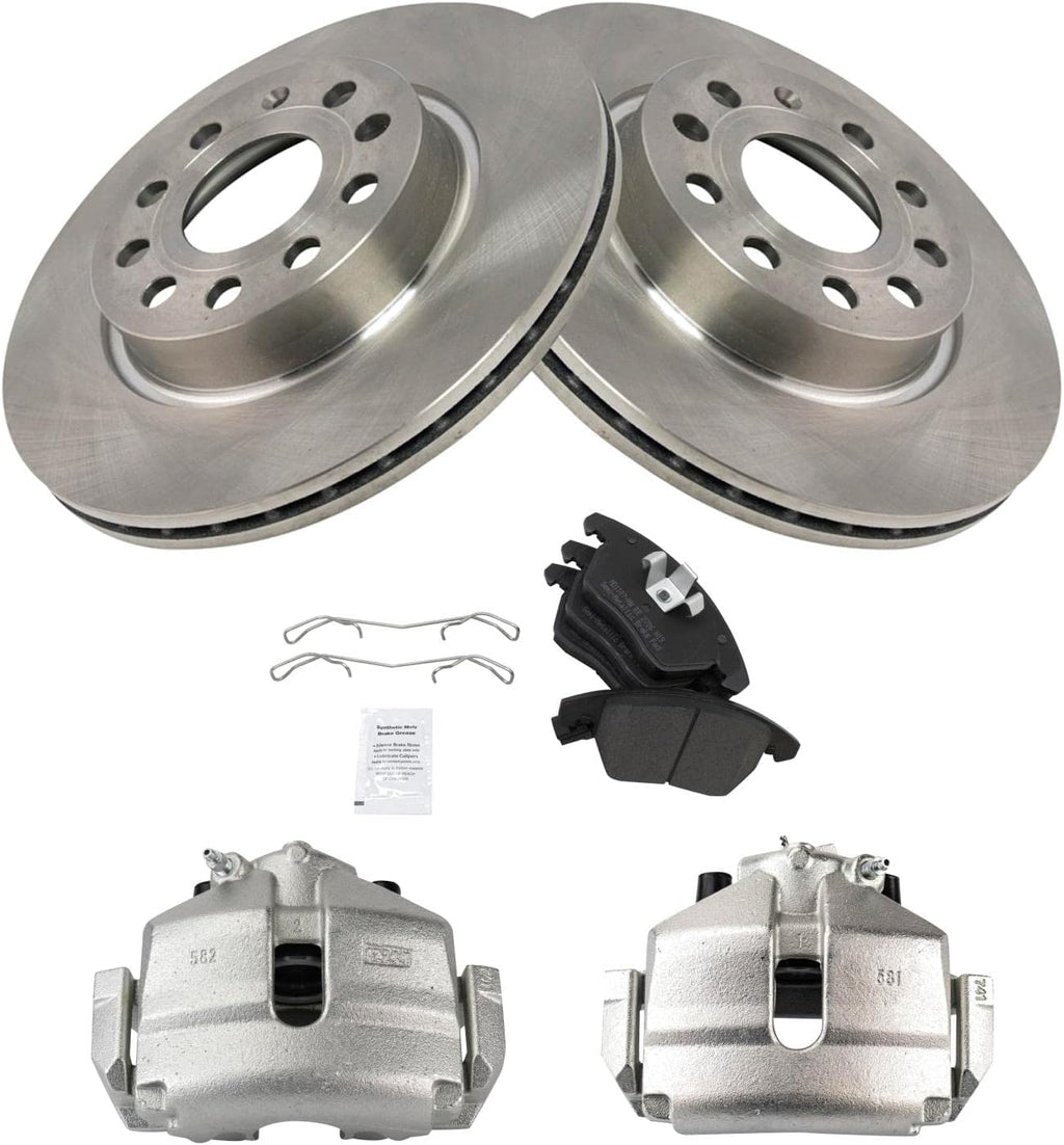 TRQ Front Brake Pad and Rotor Set Semi Metallic Rotors Calipers Hardware Compatible with 2013 Volkswagen GTI 2011 Jetta
