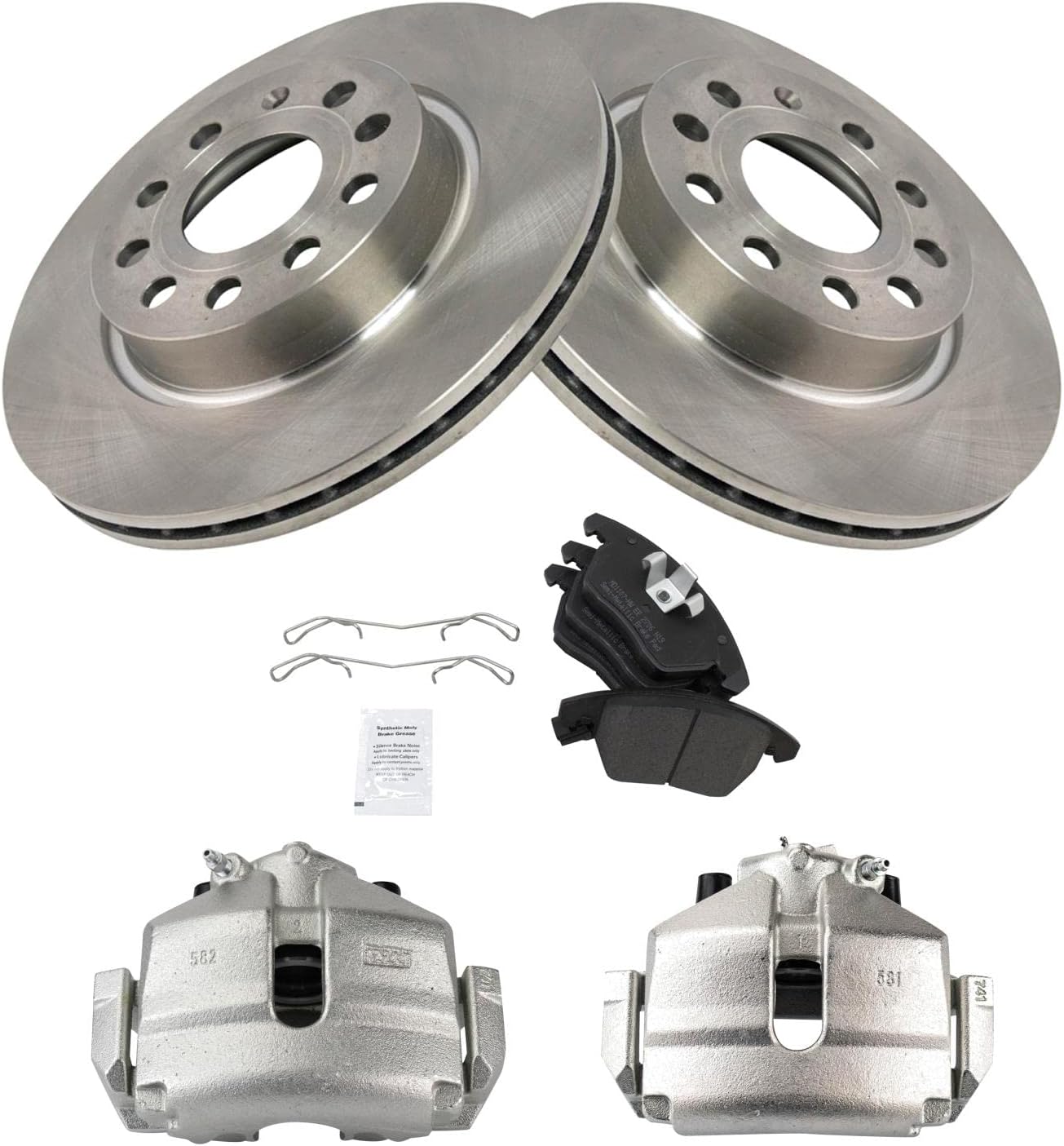 TRQ Front Brake Pad and Rotor Set Semi Metallic Rotors Calipers Hardware Compatible with 2013 Volkswagen GTI 2011 Jetta