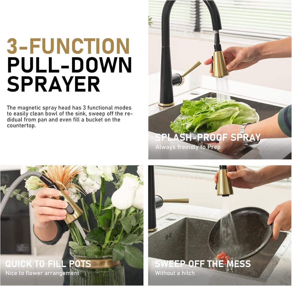 Kitchen Faucet with Pull Down Sprayer, Lava Odoro Matte Black and Brushed Gold Kitchen Sink Faucet, Black and Brass Faucet for Kitchen Sink with Magnetic Docking Spray Head and Deck Plate, KF321-GB