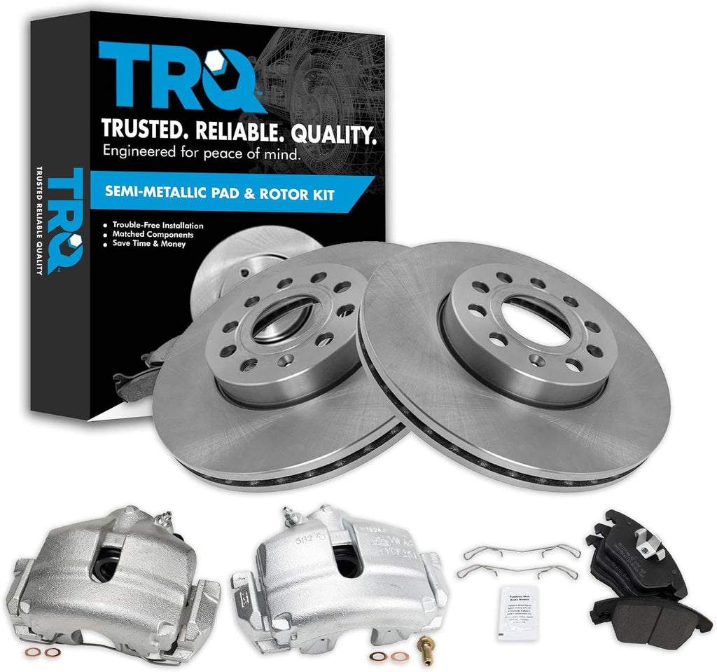 TRQ Front Brake Pad and Rotor Set Semi Metallic Vented Rotors Calipers Compatible with 2005-2015 Volkswagen Jetta 2010-2014 Golf 2006-2009 Rabbit 2012-2019 Beetle 2010 Audi A3