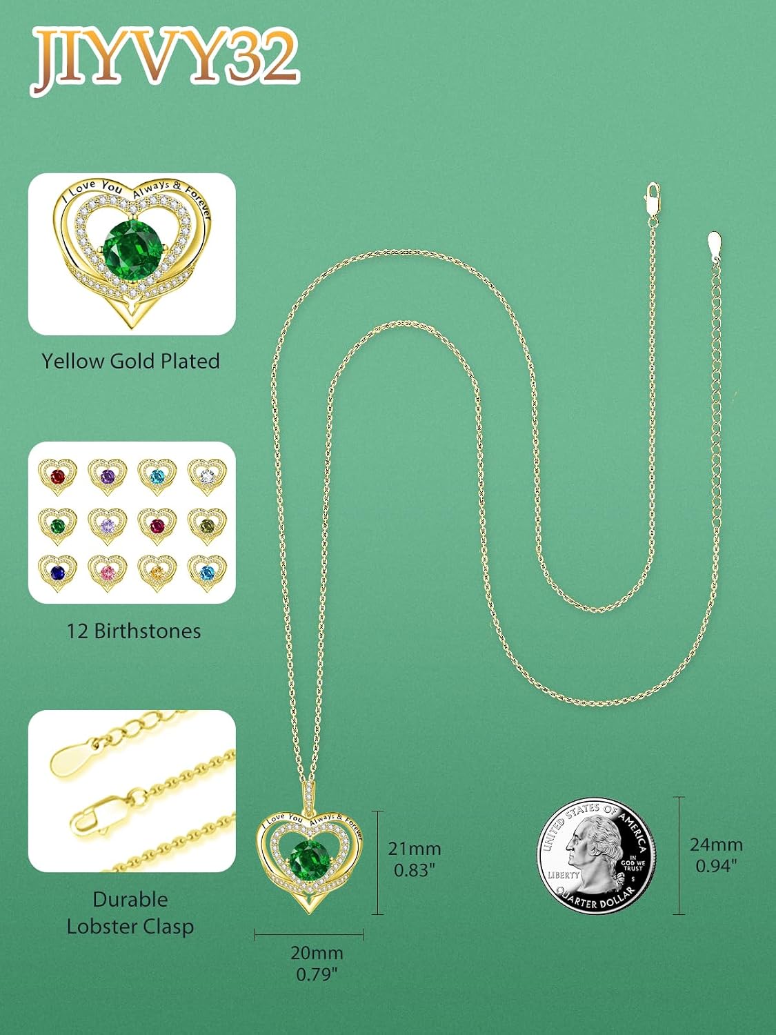 14K Gold Heart Necklaces for Women with Birthstone Pendant ，Double Hearts Necklace Jewelry Gift for Girlfriend Mom Anniversary Birthday Adjustable Chain 18' + 2' 'I Love You Always & Forever