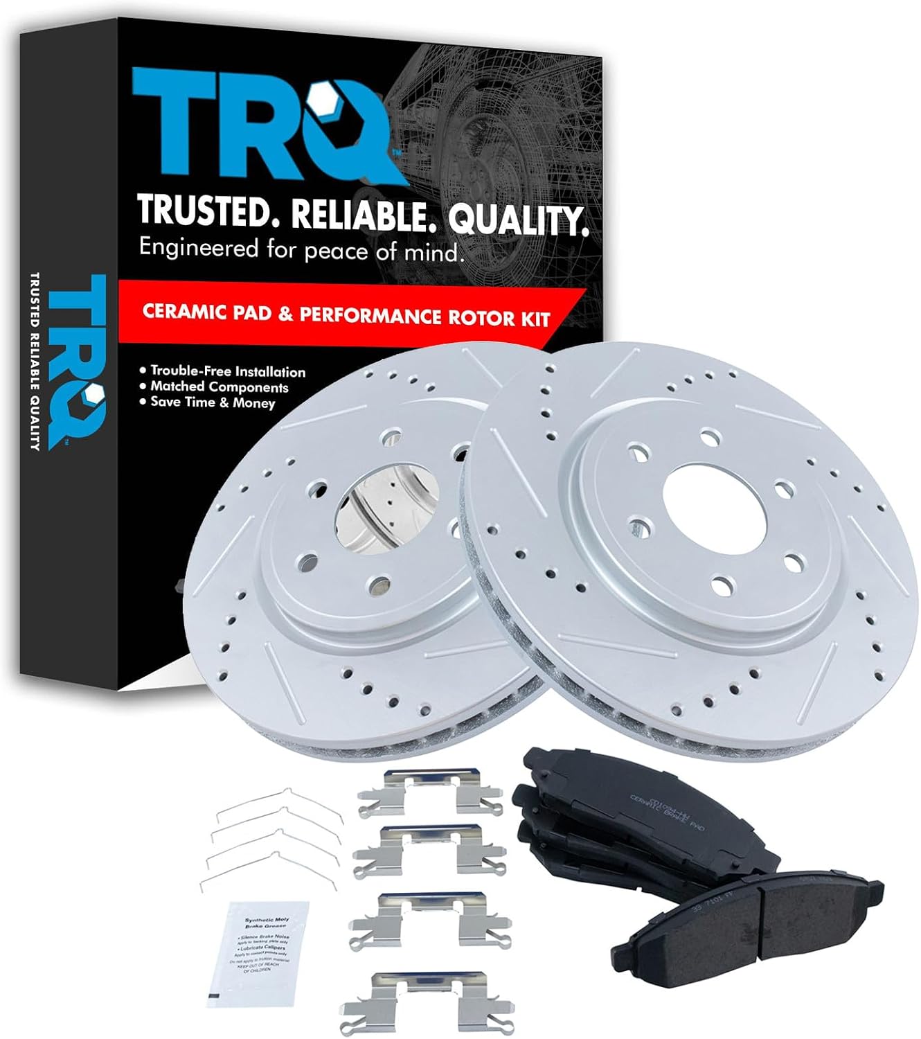 TRQ Performance Front Brake Pad and Rotor Set Ceramic Drilled Slotted Coated Vented Rotors Compatible with 2005-2021 Nissan Frontier 2005-2012 Pathfinder 2005-2015 Xterra 2009-2012 Suzuki Equator
