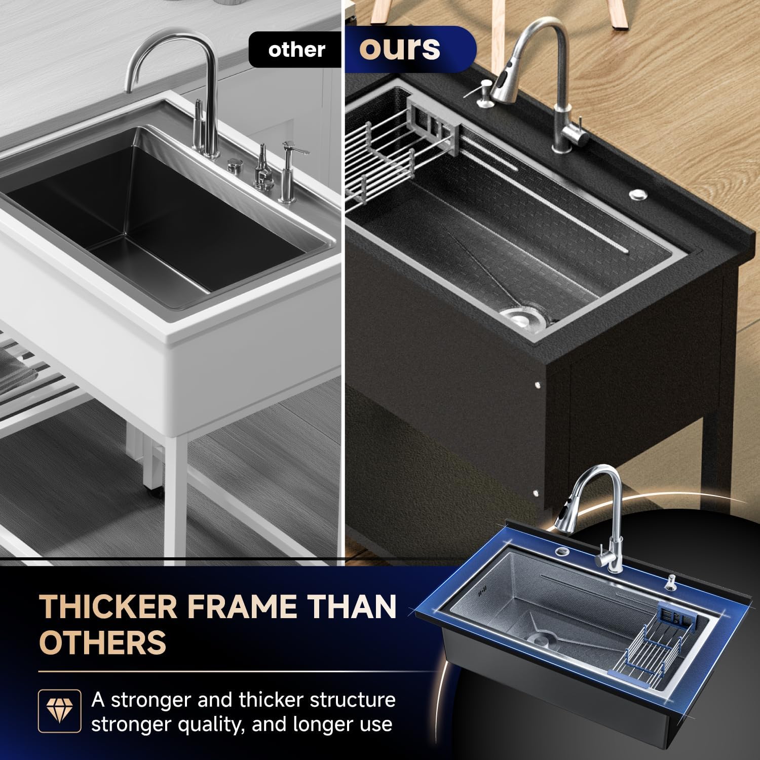 Heavy Duty Stainless Steel Utility Sink,36' Freestanding Laundry Room Sink with Stainless Steel Pull-Out Faucet, Storage Shelf & Drain Kit Single Bowl Sink for Outdoor, Garage, Workshop(Black 36x20)