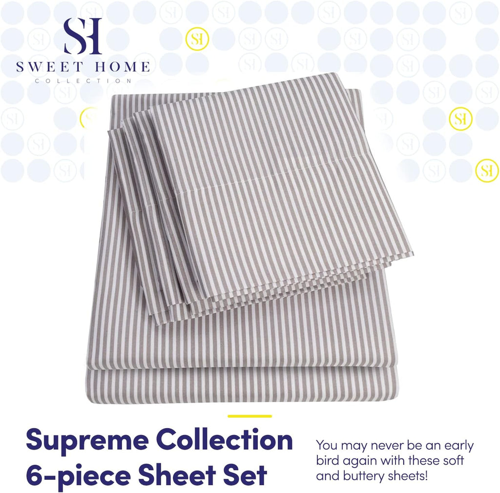 Sweet Home Collection Full Size Bed Sheets - 6 Piece 1500 Thread Count Fine Brushed Microfiber Deep Pocket Set - Extra Pillow Cases, Great Value, Full, Classic Stripe Gray (Pack of 12)