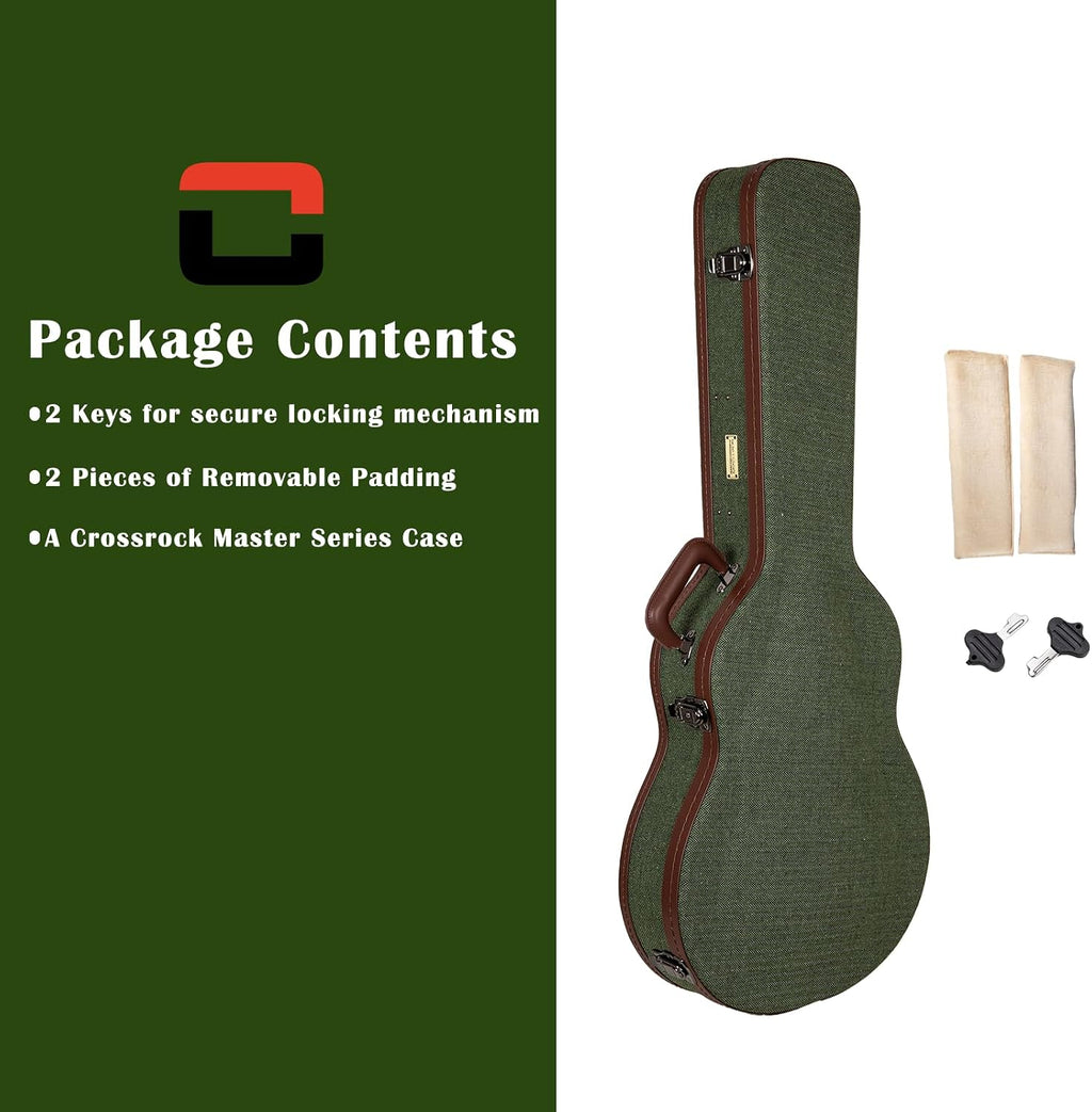 Crossrock 335 Style 6-String Semi-Hollow Electric Guitar Case | Green Chevron Tweed, Plush Velvet Interior, Genuine Leather Handle & Security Lock, Reinforced Hardware – Master Series (CRW760SAGN)