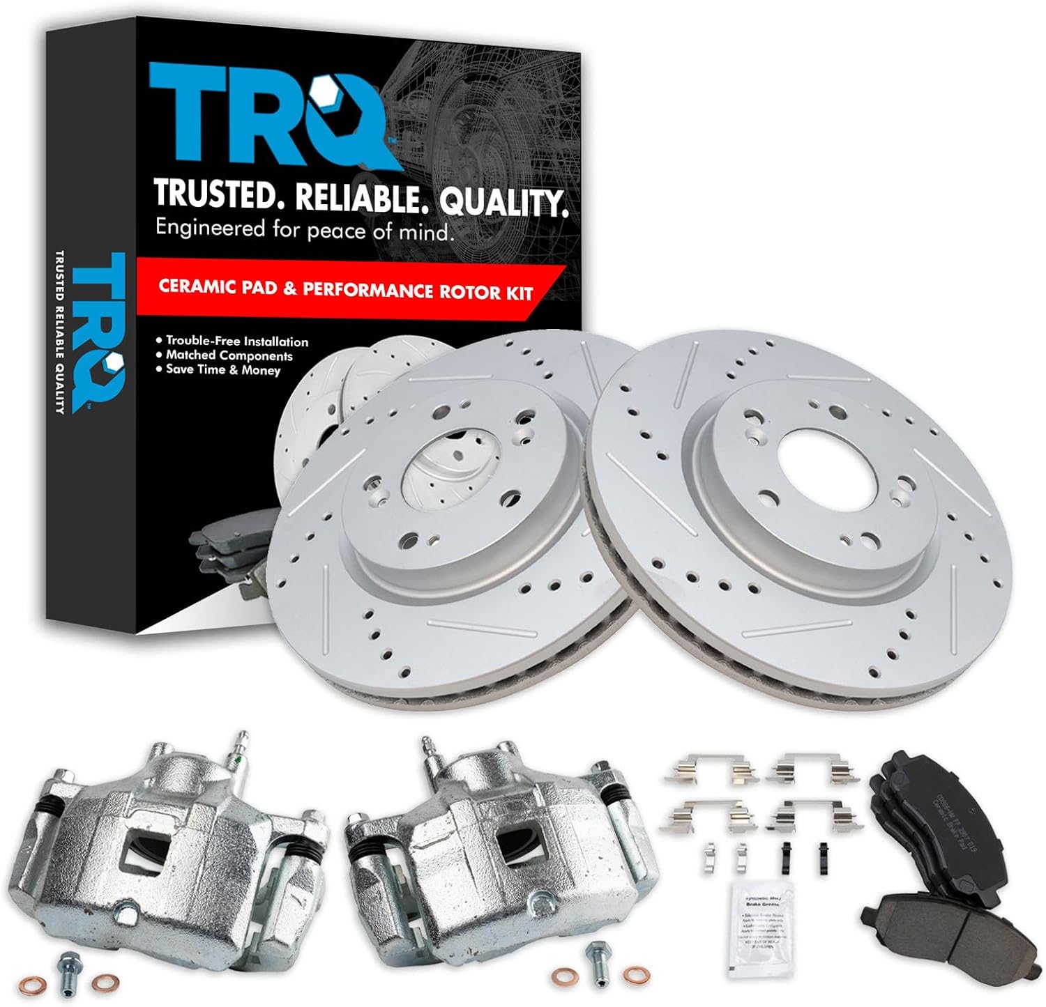 TRQ Performance Front Brake Pad and Rotor Set Ceramic Coated Drilled Slotted Rotors Calipers Compatible with 2008-2011 Mitsubishi Lancer 2007-2017 Outlander 2011-2016 Outlander Sport