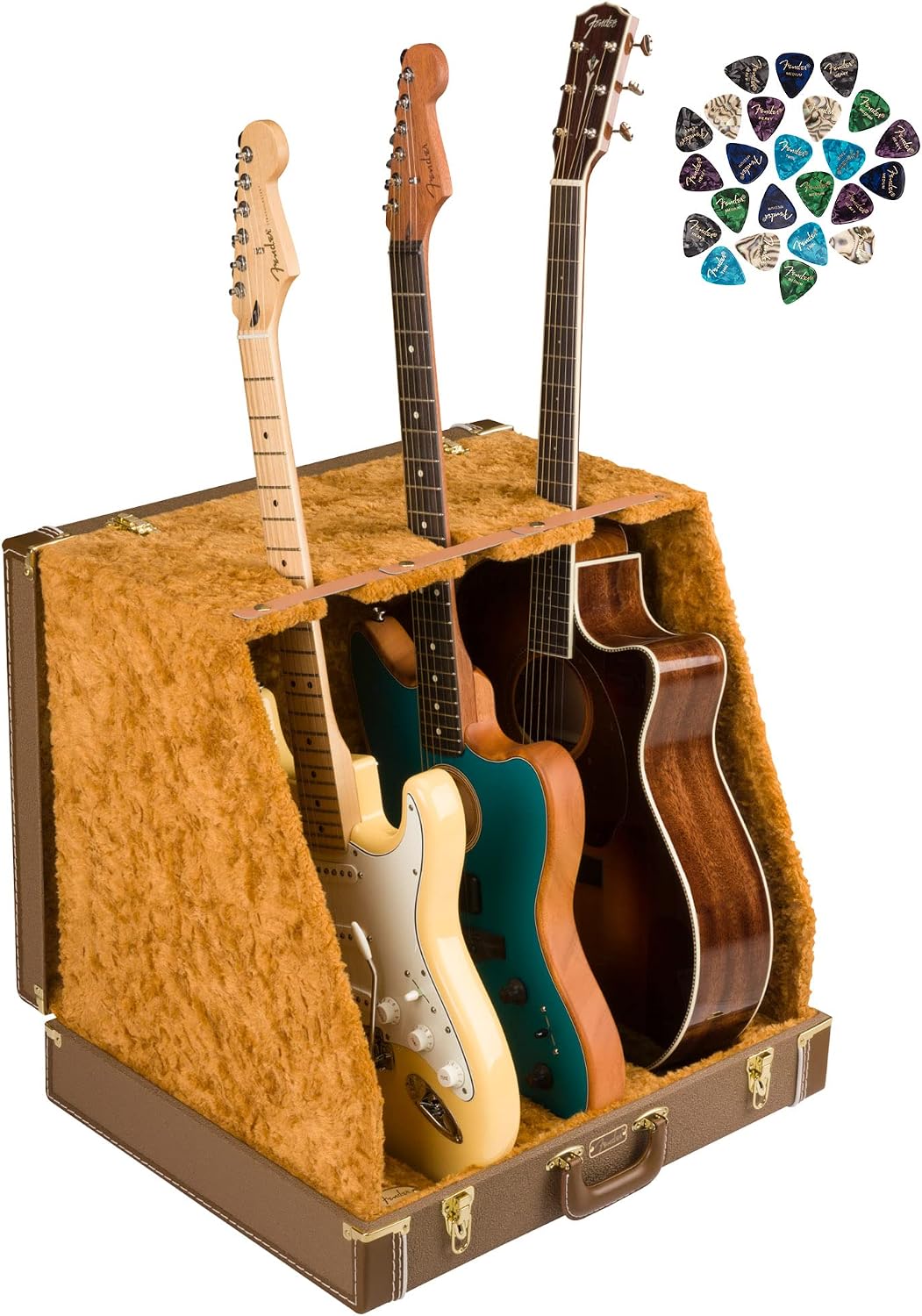 Fender Classic Series Case Stand - 3 Guitars Brown Bundle with Austin Bazaar Exclusive 24-Pack Picks