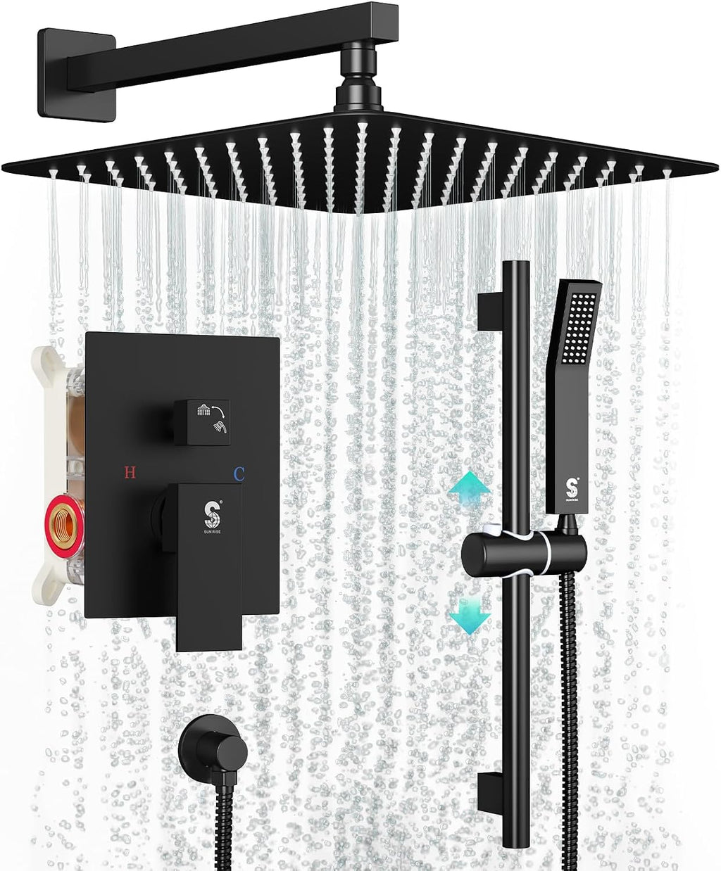 SR SUN RISE 10 Inch Slide Bar Shower Faucet Luxury High Pressure Shower Heads and Handheld Spray Combo Set Wall Mounted Shower System Included Valve and Trim Kit, Matte Black