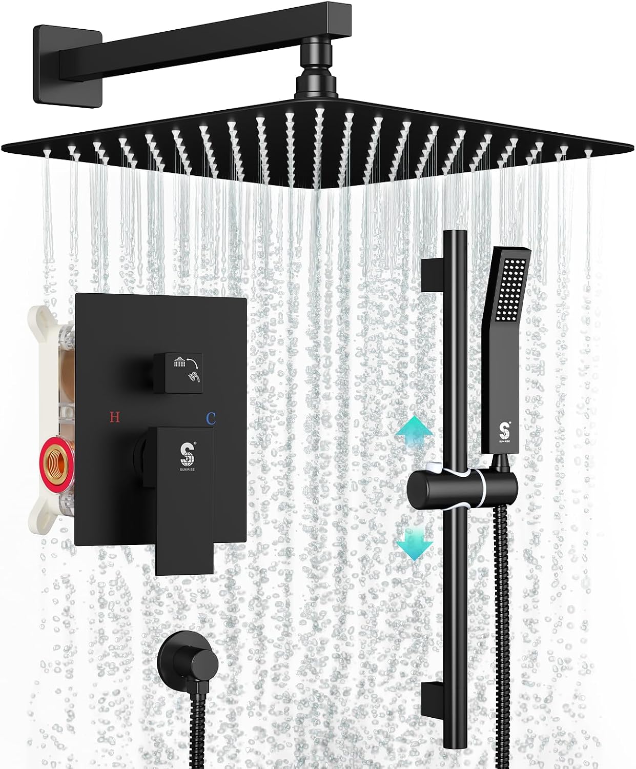 SR SUN RISE 10 Inch Slide Bar Shower Faucet Luxury High Pressure Shower Heads and Handheld Spray Combo Set Wall Mounted Shower System Included Valve and Trim Kit, Matte Black