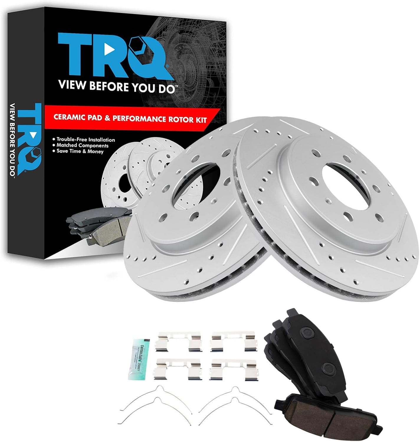 TRQ Performance Front Brake Pad and Rotor Set Ceramic G Coated Drilled Slotted Vented Rotors Compatible with 2009 Ford F-150