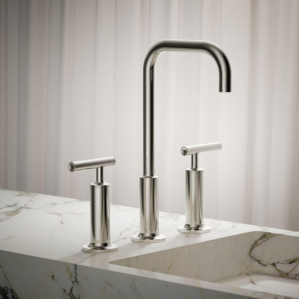 KOHLER K-14408-4-SN Purist® Widespread Bathroom Sink Faucet, 3-Hole, Widespread High Lever Handles and High Gooseneck Spout, 1.2 GPM, Vibrant Polished Nickel
