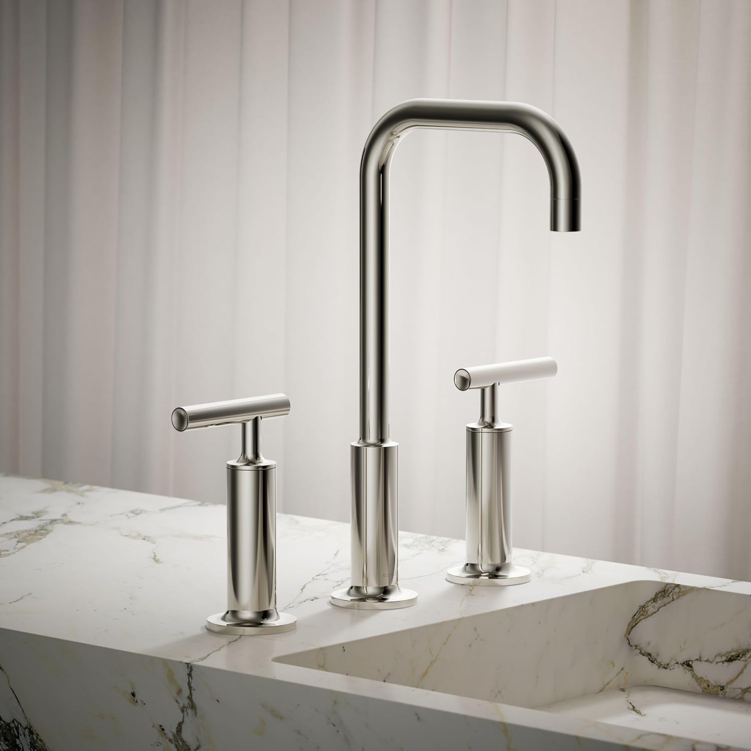 KOHLER K-14408-4-SN Purist® Widespread Bathroom Sink Faucet, 3-Hole, Widespread High Lever Handles and High Gooseneck Spout, 1.2 GPM, Vibrant Polished Nickel