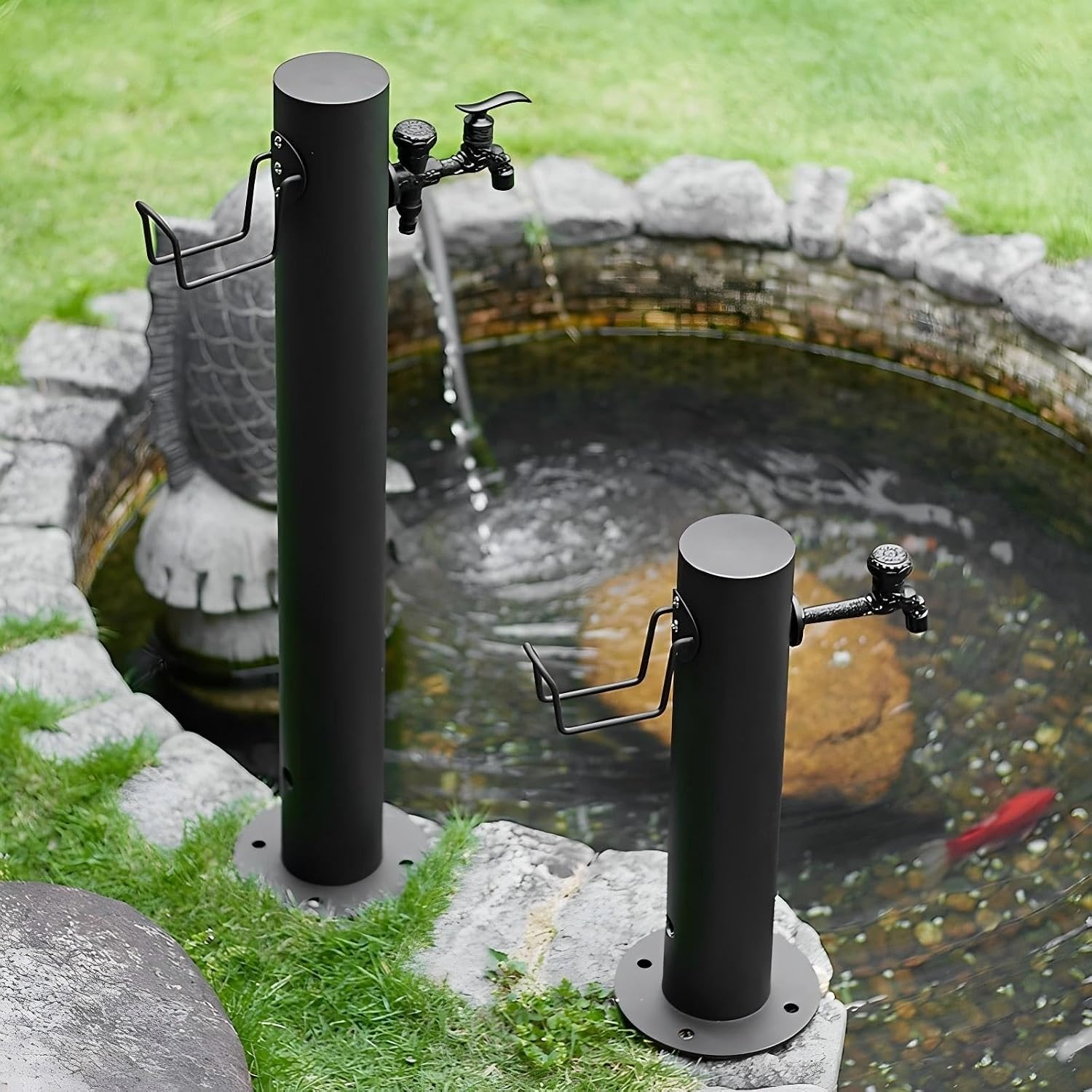 304 Stainless Steel Cylindrical Vertical Garden Water Column with 7.5m ﻿Spray Gun and Stainless Steel Inner Tube，Outdoor Faucet Water Dispenser Hydrant(Black-1,86cm/33in)