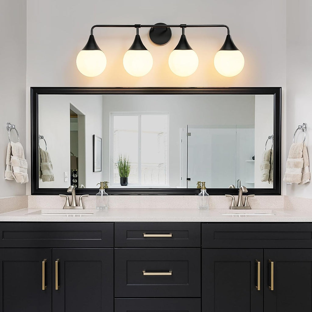 Bathroom Vanity Light Fixtures: 4-Light Mid Century Modern Bathroom Lighting Fixtures Over Mirrors - Matte Black Wall Sconce with Milky Glass Ball Shade for Bath Bedroom