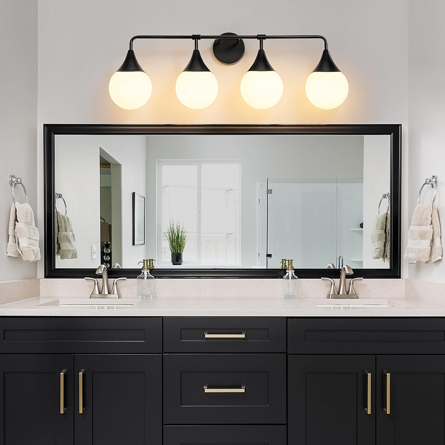 Bathroom Vanity Light Fixtures: 4-Light Mid Century Modern Bathroom Lighting Fixtures Over Mirrors - Matte Black Wall Sconce with Milky Glass Ball Shade for Bath Bedroom