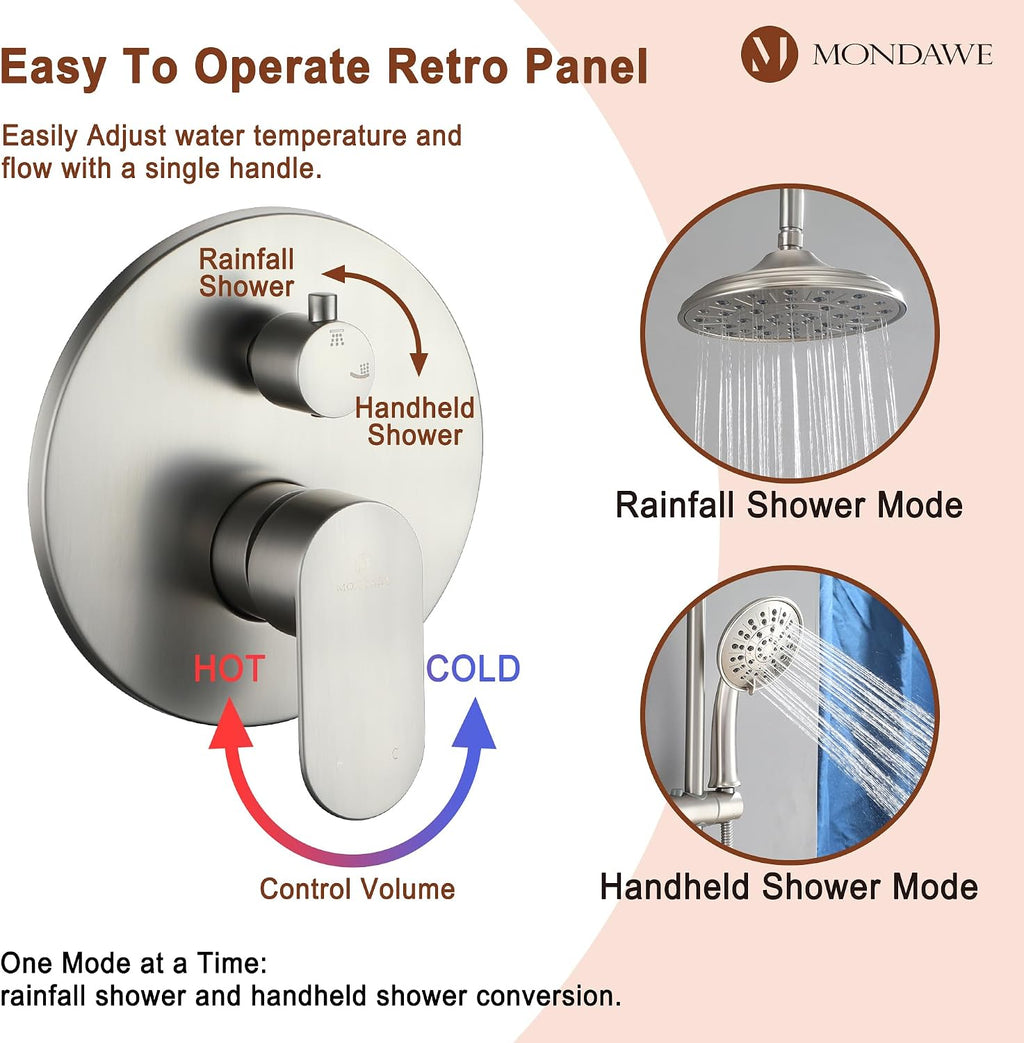 MONDAWE 8 Inch Wall Mounted Shower Faucet Set in Brushed Nickel, Rainfall Shower Head with 3-Setting Handheld Spray Shower Set Combo, High Pressure Shower System with Solid Brass Valve