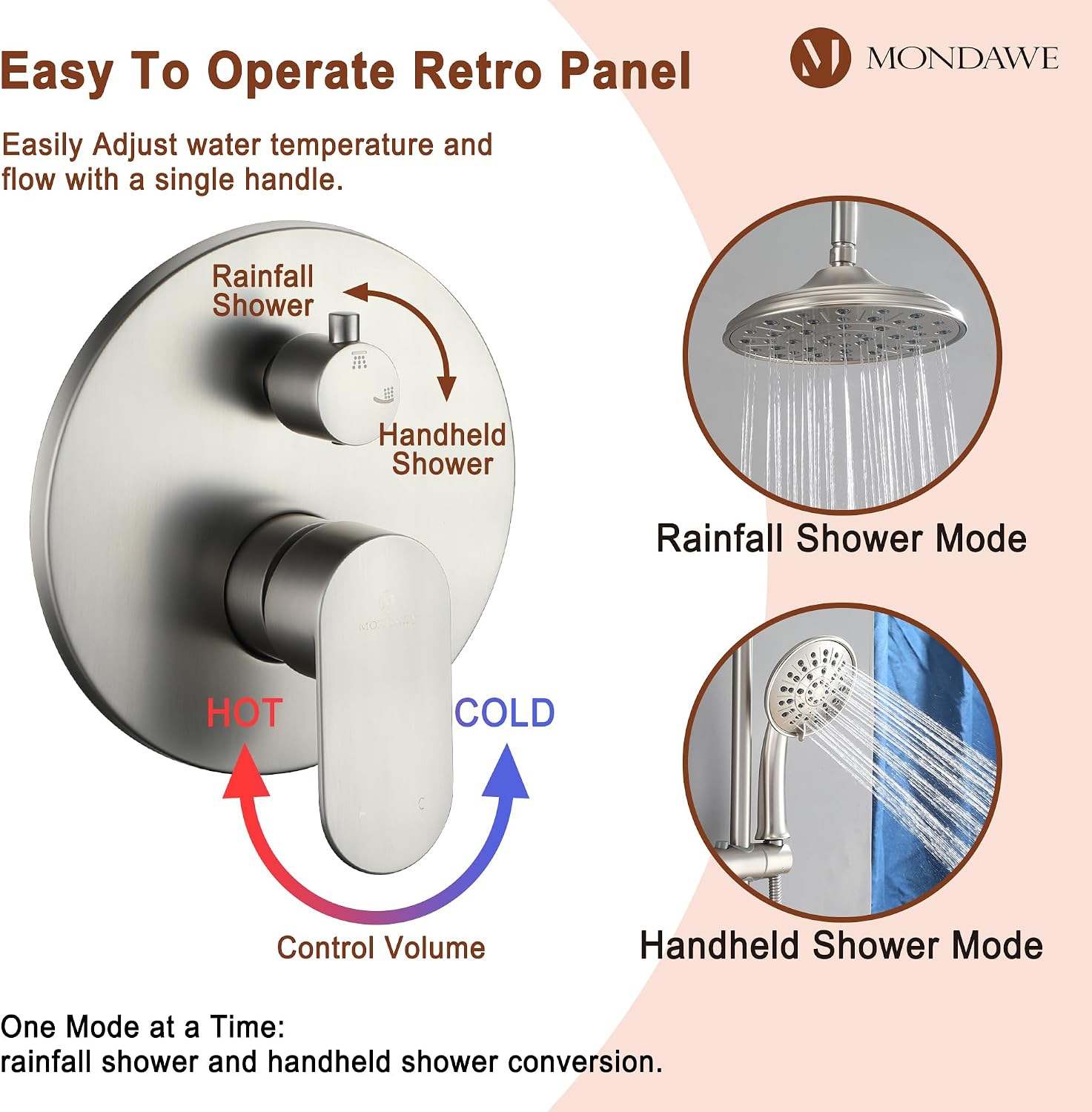 MONDAWE 8 Inch Wall Mounted Shower Faucet Set in Brushed Nickel, Rainfall Shower Head with 3-Setting Handheld Spray Shower Set Combo, High Pressure Shower System with Solid Brass Valve