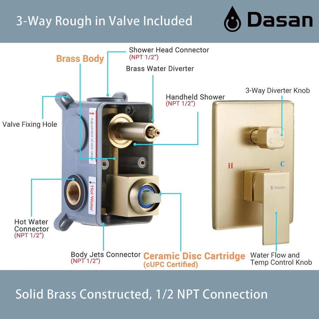 DASAN Full Body Shower System with 6 PCS Body Spray Jets & 12'' Rain Shower Head & Handheld, Ceiling Mount Rain Shower System Brushed Gold Shower Faucets Sets Complete with Valve, SA-SS03ABG-S12C