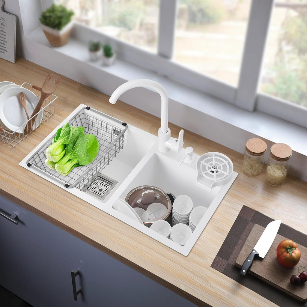 Utility Sinks Kitchen with Cold and Hot Water Fauet 28''x 15'' Stainless Steel Undermount Sink Double Bowl Pressurized Cup Washer Soap Dispenser White