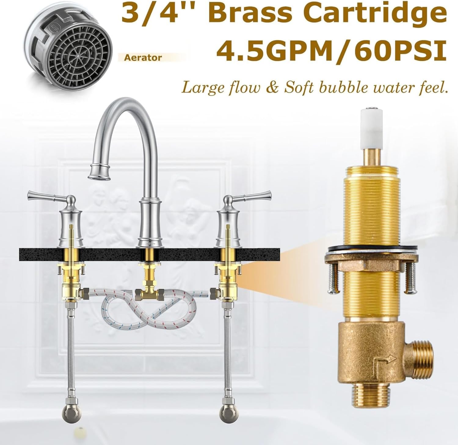 Brushed Nickel Roman Tub Faucet, Antique Bathtub Faucet Set 3 Hole, High Flow Bath Tub Faucet 12-16 inch Widespread, Solid Brass Tub Filler 2 Handle 360° Swivel Spout Rough-in Valve(B2307-BN)