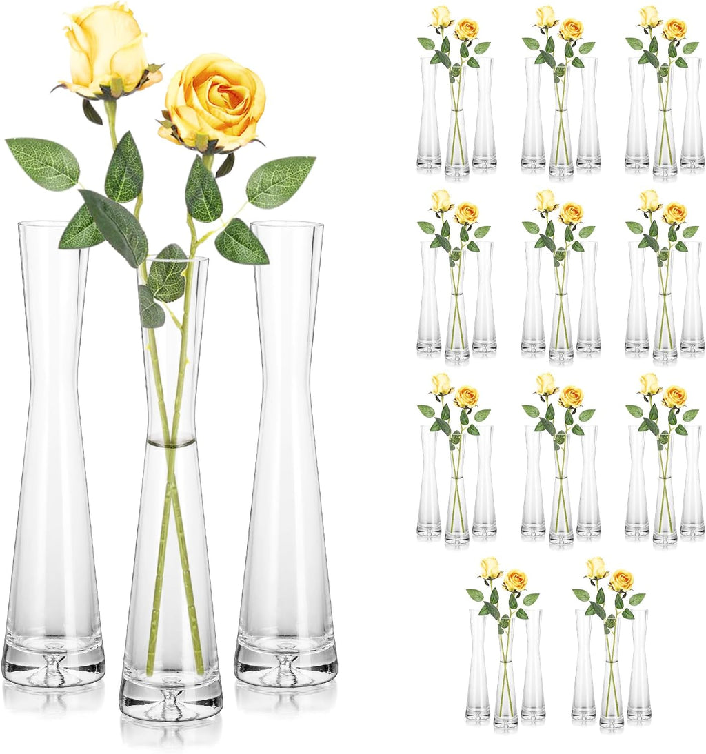 Hewory Glass Bud Vases for Centerpieces Set of 36, Handmade Modern Clear Small Skinny Decorative Single Flower Vase, Minimalist Slim Floral Vase for Home Wedding Party Events Table Decor, 9.64'