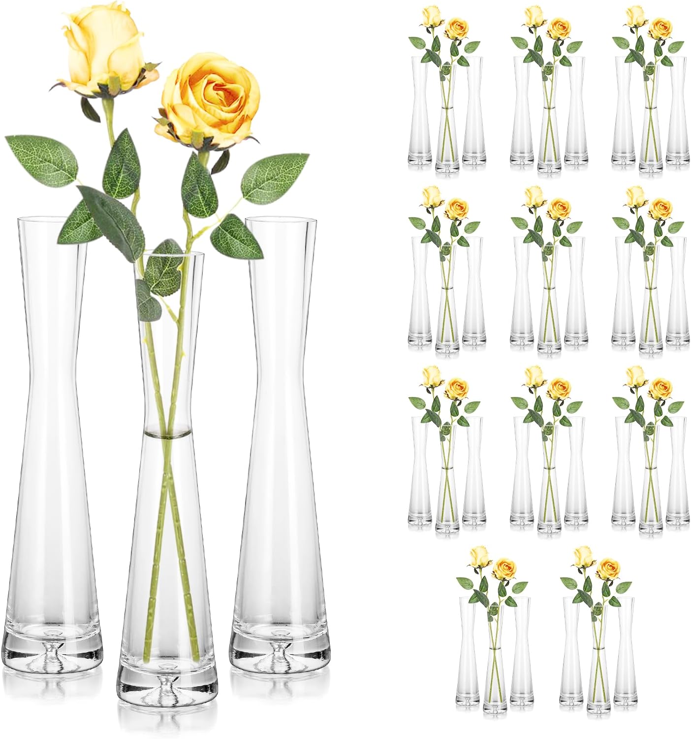 Hewory Glass Bud Vases for Centerpieces Set of 36, Handmade Modern Clear Small Skinny Decorative Single Flower Vase, Minimalist Slim Floral Vase for Home Wedding Party Events Table Decor, 9.64'