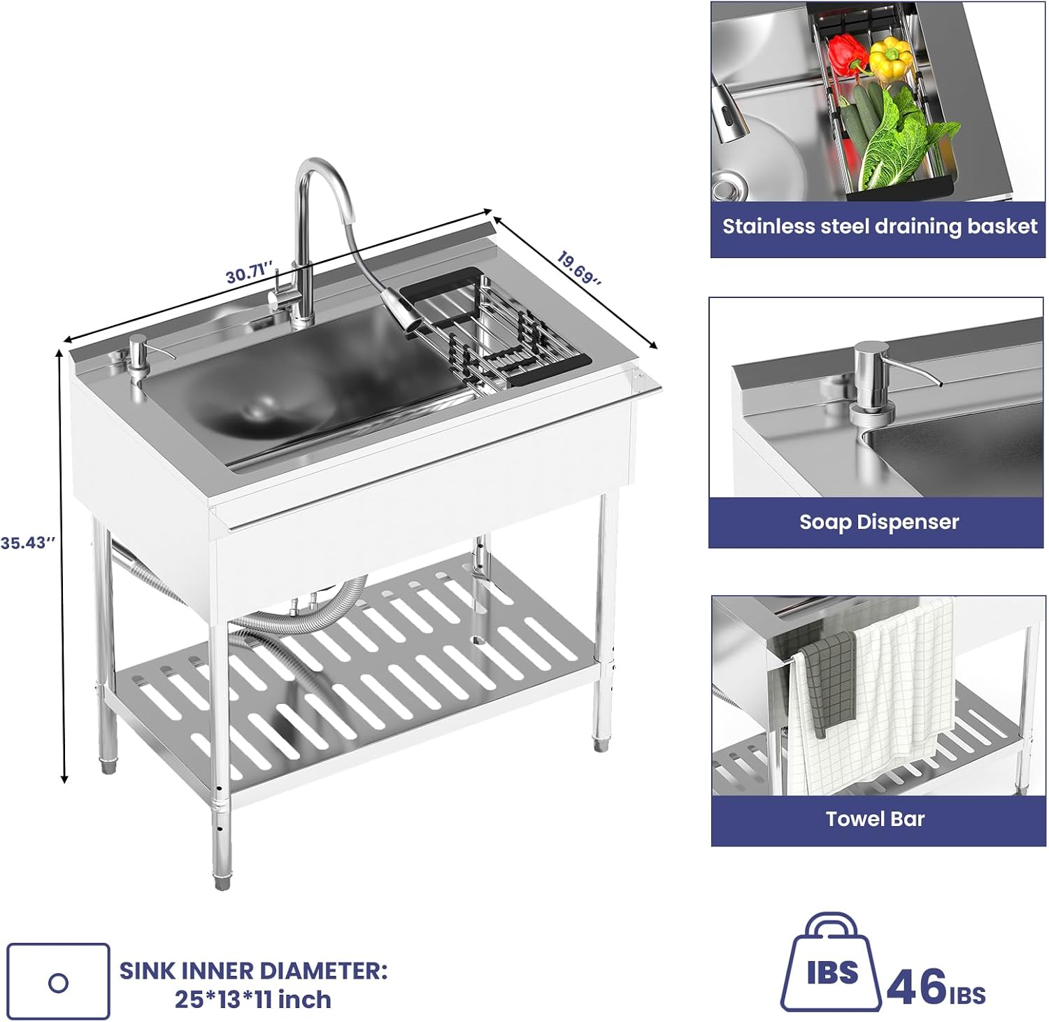 Stainless Steel Utility Sink, 30.8'' Free Standing Single Bowl Sink with Pull-Out Faucet & basket & Cold and Hot Water Pipe, Indoor and Outdoor Sink for Laundry Room, Garage, Kitchen, Silver