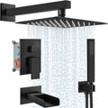 Midanya Rain Shower System Tub Shower Faucet Set Square Rainfall Waterfall Shower Head with Handheld Sprayer Tub Spout Combo Wall Mounted bathtub faucet set Rough-in Valve, 12 Inch Matte Black