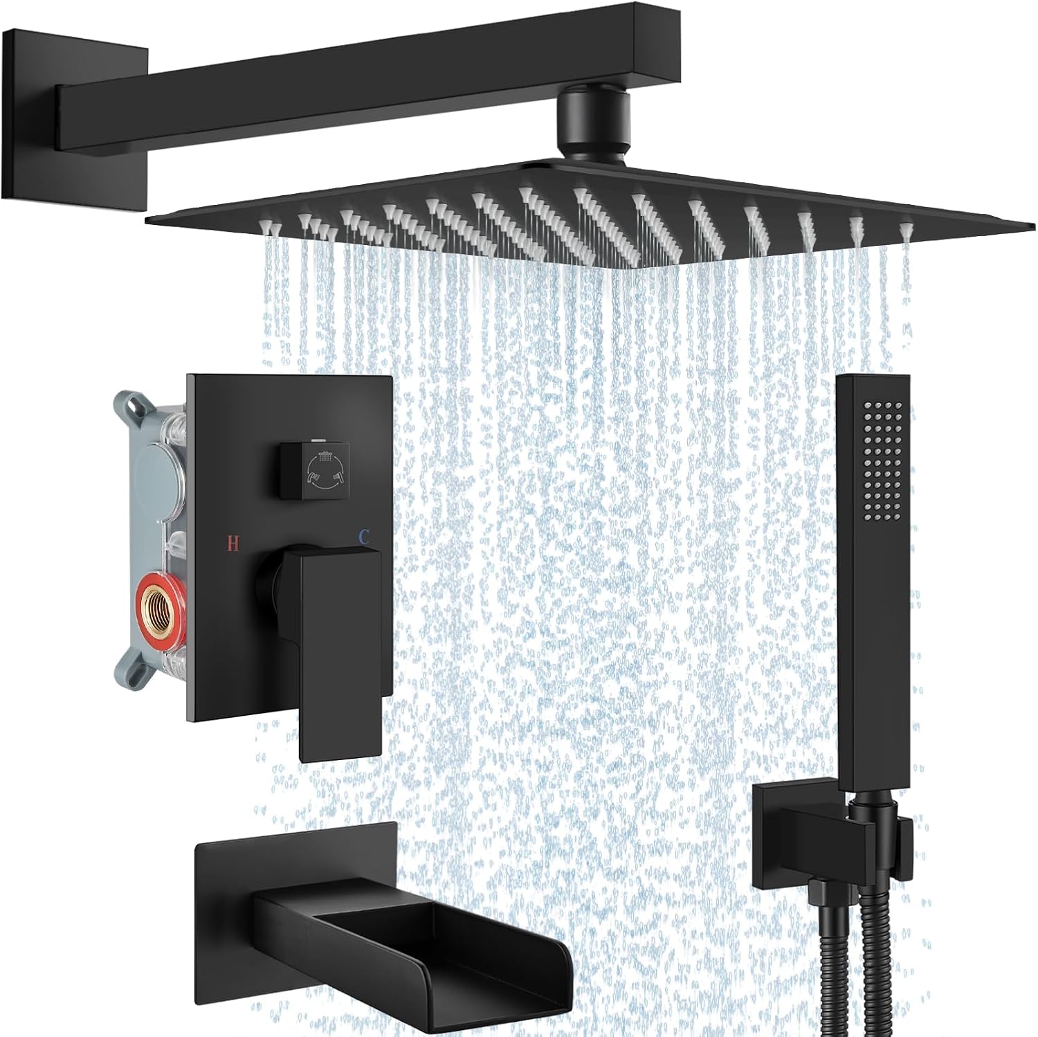 Midanya Rain Shower System Tub Shower Faucet Set Square Rainfall Waterfall Shower Head with Handheld Sprayer Tub Spout Combo Wall Mounted bathtub faucet set Rough-in Valve, 12 Inch Matte Black