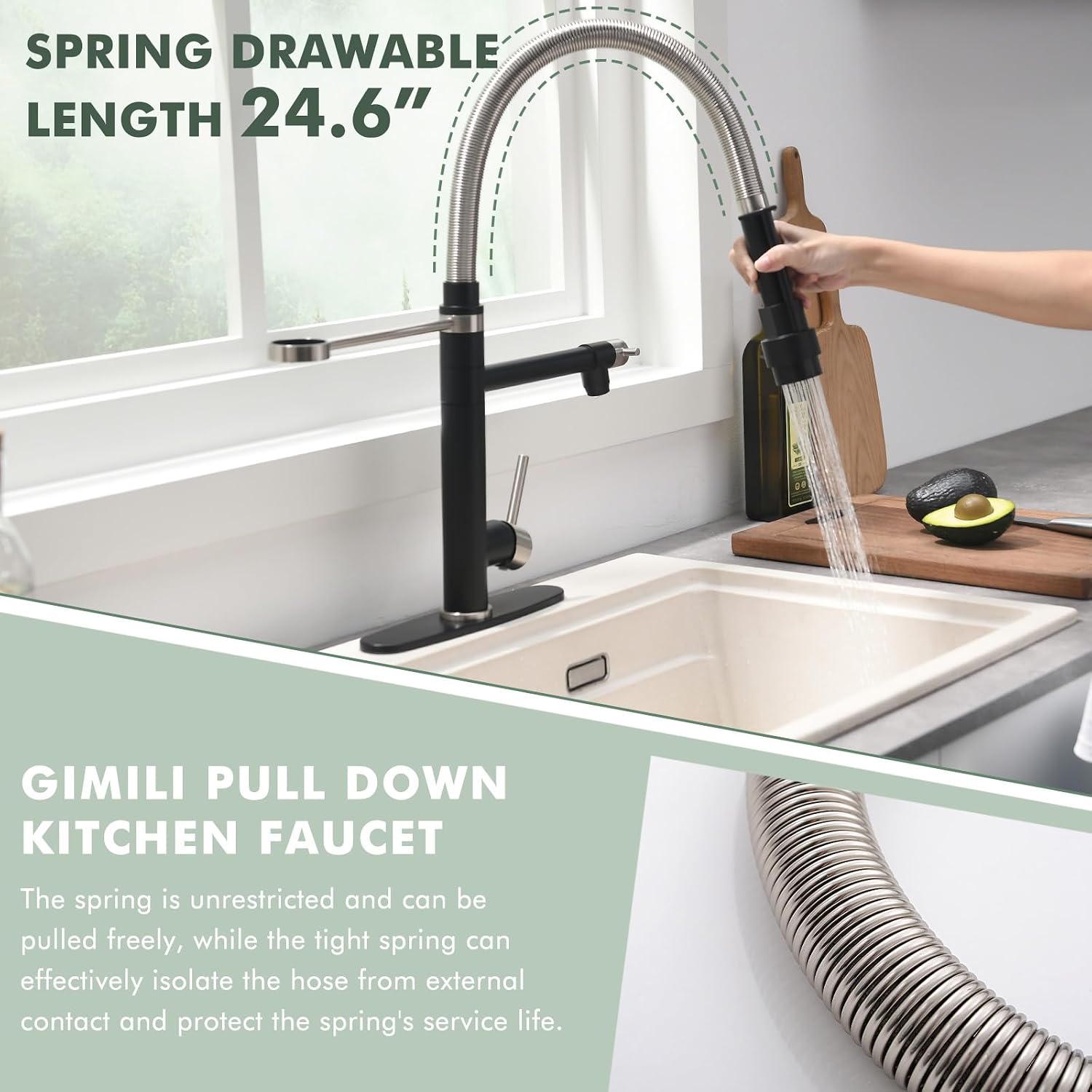 GIMILI Kitchen Faucet with Pull Down Sprayer Brushed Nickel and Matte Black Commercial Kitchen Faucet Double-Headed Single Handle Spring Stainless Steel Kitchen Sink Faucet