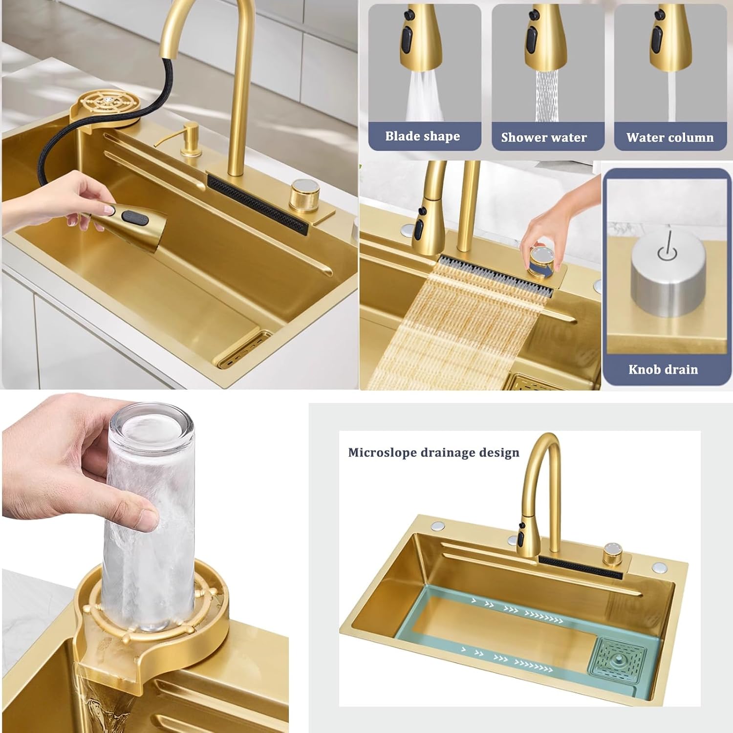 Golden Kitchen Sink Stainless Steel Waterfall Sink Large Single Bowl Sink Built-in Sink Waterfall Faucet Complete Accessories(Size:68x45cm)