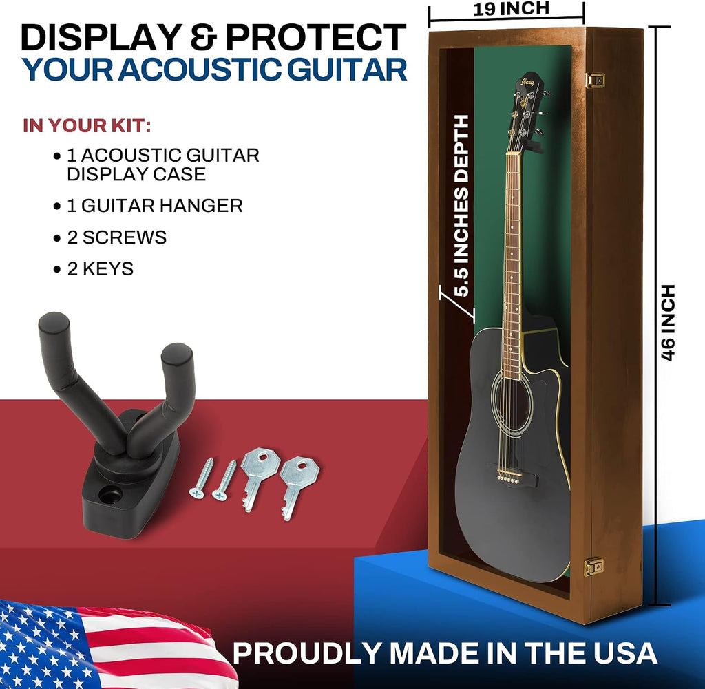 PENNZONI Acoustic Guitar Display Case - Acrylic Acoustic Guitar Case - Guitar Display Case Wall Mount Made from Hardwood Frame & Clear Acrylic - Walnut w/Felt Green