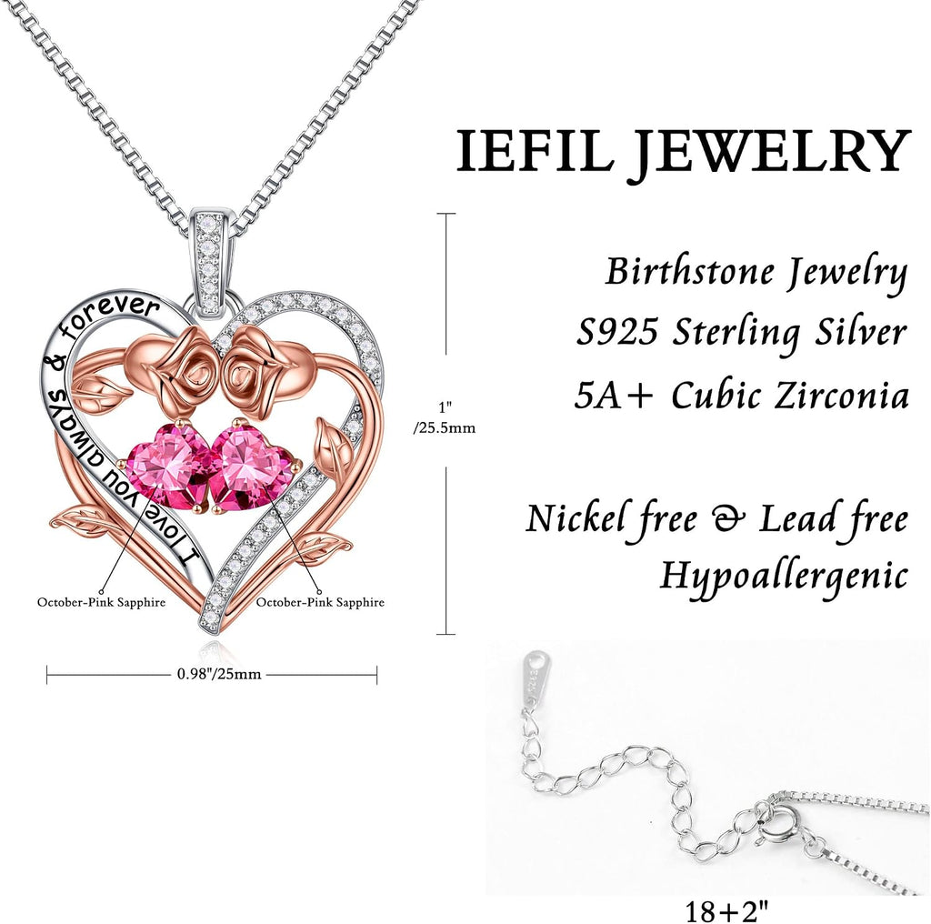 Iefil Rose Heart Double Birthstone Necklace Gifts for Wife Girlfriend Her Women, Birthstone Jewelry Gemstone Birthday Gifts for Mom Grandma Her Wife Women