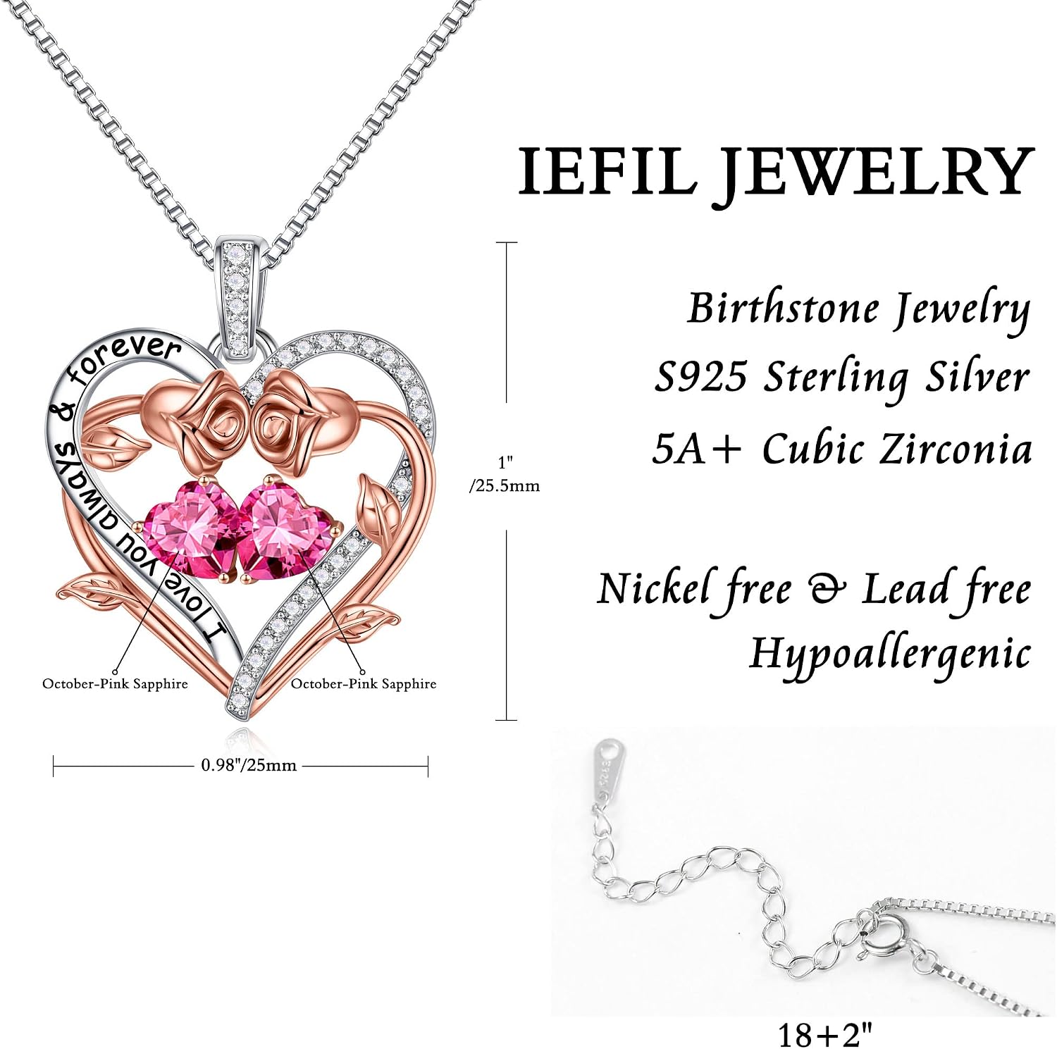 Iefil Rose Heart Double Birthstone Necklace Gifts for Wife Girlfriend Her Women, Birthstone Jewelry Gemstone Birthday Gifts for Mom Grandma Her Wife Women