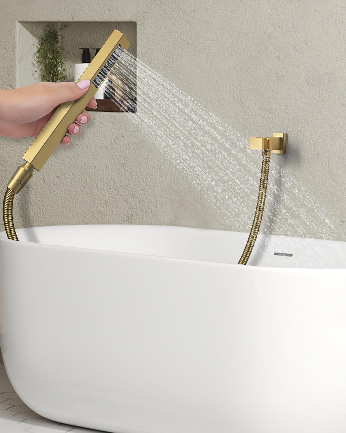 Wall Mounted Bathtub Shower Faucet Set, Bathroom Shower Fixtures Set Combo with Tub Spout and Handheld Shower Head Spray, Brushed Gold