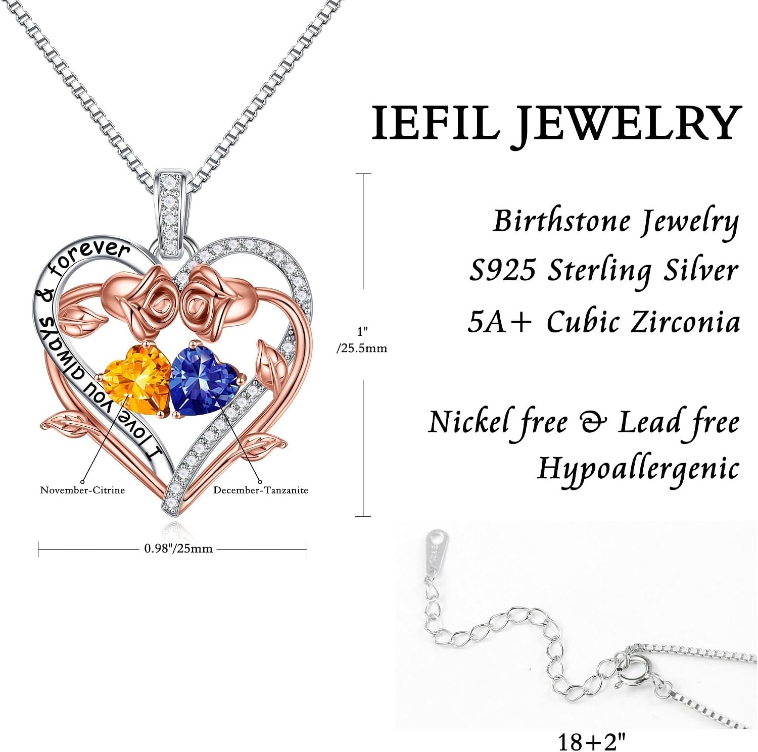 Iefil Rose Heart Double Birthstone Necklace Gifts for Wife Girlfriend Her Women, Birthstone Jewelry Gemstone Birthday Gifts for Mom Grandma Her Wife Women