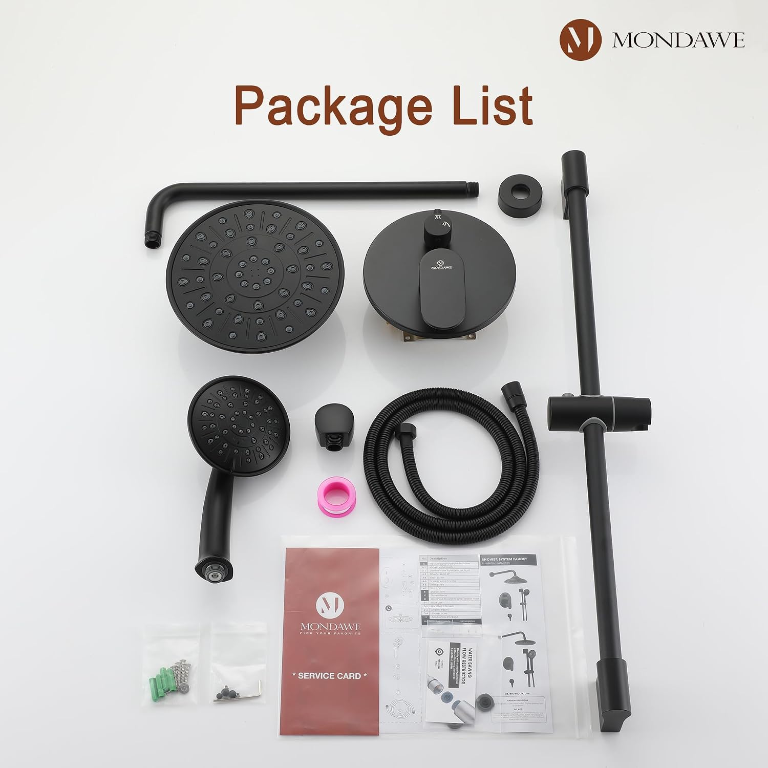 MONDAWE 8 Inch Wall Mounted Shower Faucet Set in Matte Black, Rainfall Shower Head with 3-Setting Handheld Spray Shower Set Combo, High Pressure Shower System with Solid Brass Valve