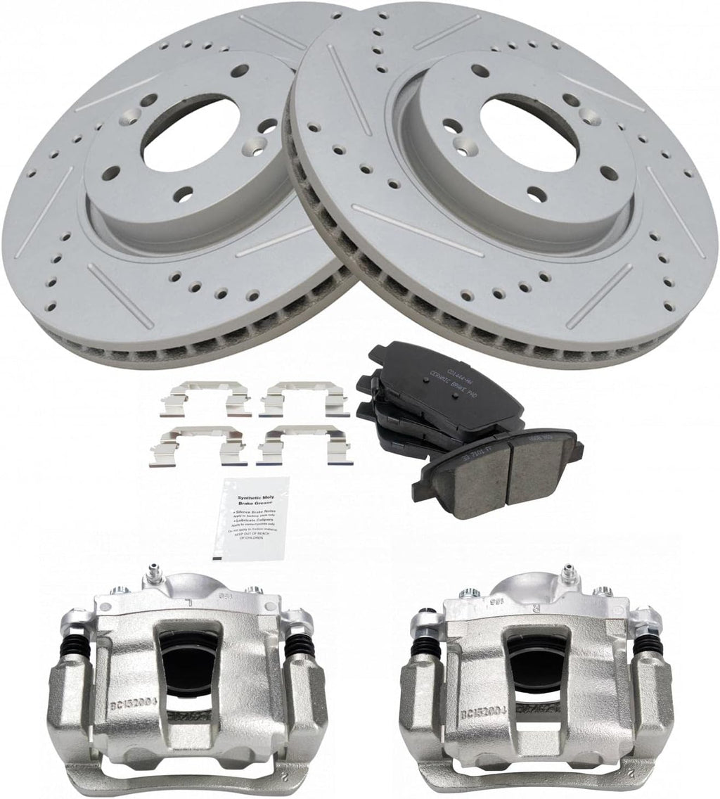 TRQ Performance Front Brake Pad and Rotor Set Ceramic Vented Coated Rotors Calipers Compatible with 2011-2015 Hyundai Sonata 2011-2016 Kia Optima