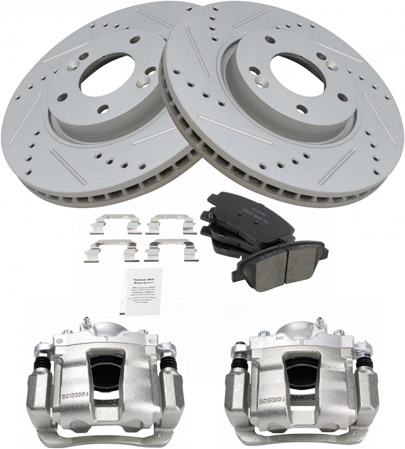 TRQ Performance Front Brake Pad and Rotor Set Ceramic Vented Coated Rotors Calipers Compatible with 2011-2015 Hyundai Sonata 2011-2016 Kia Optima