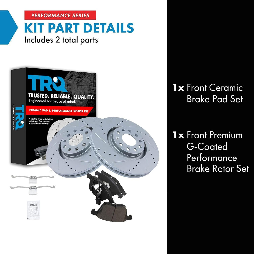 TRQ Performance Front Brake Pad and Rotor Set Ceramic Drilled Slotted G Coated Vented Rotors Compatible with 2005-2009 Audi A4 A4 Quattro