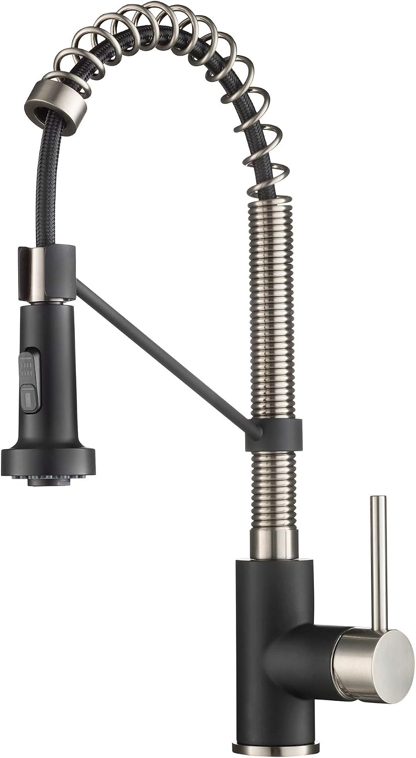 KRAUS Bolden 18-Inch Single Handle Spot Free Stainless Steel/Matte Black Commercial Style Pull-Down Kitchen Faucet with Dual Function Sprayer, KPF-1610SFSMB (Pack of 1)