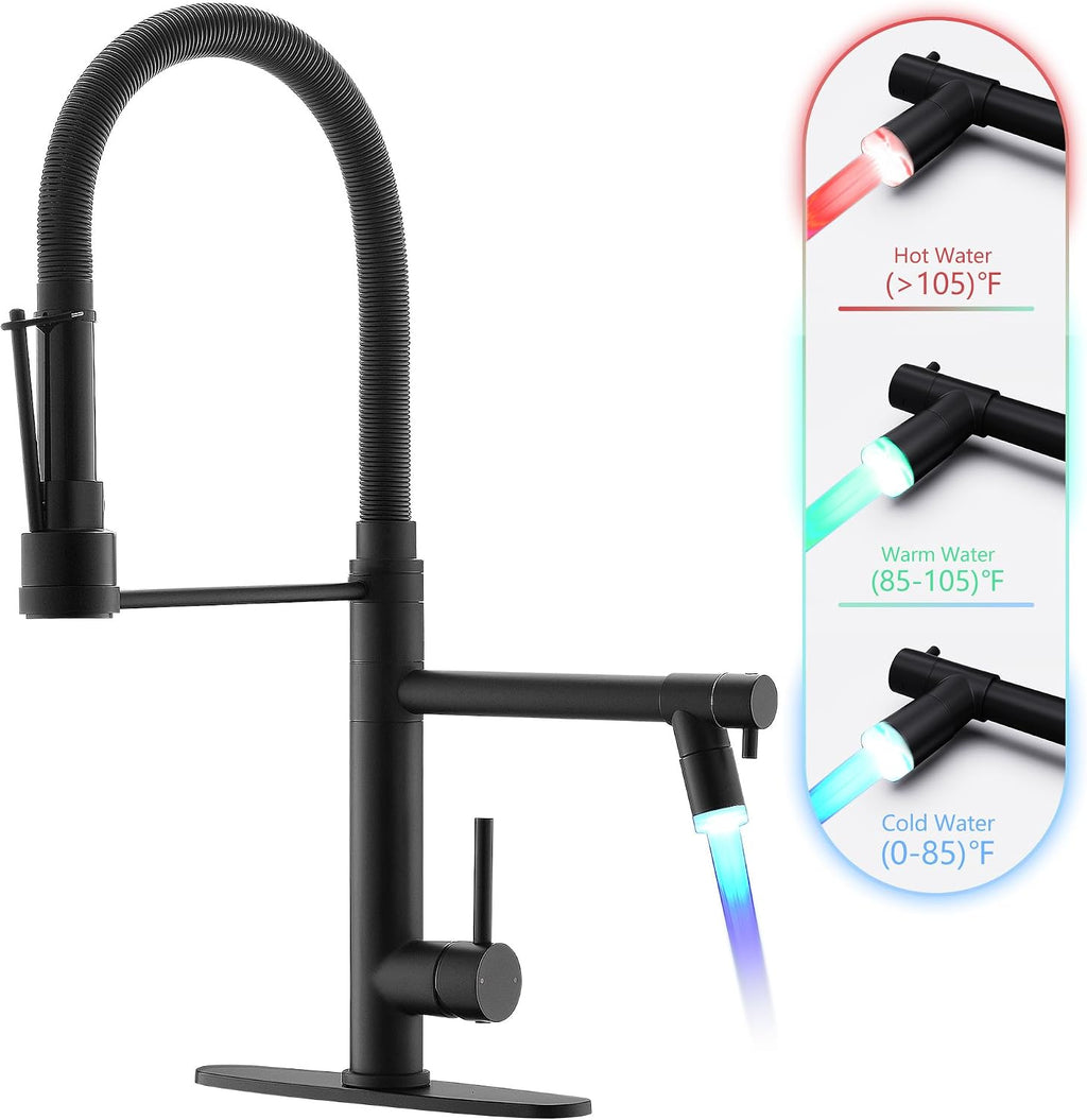 GIMILI Matte Black Kitchen Faucet with Pull Down Sprayer Commercial Kitchen Faucet with LED Double-Headed Single Handle Spring Stainless Steel Brushed Nickel Kitchen Sink Faucet