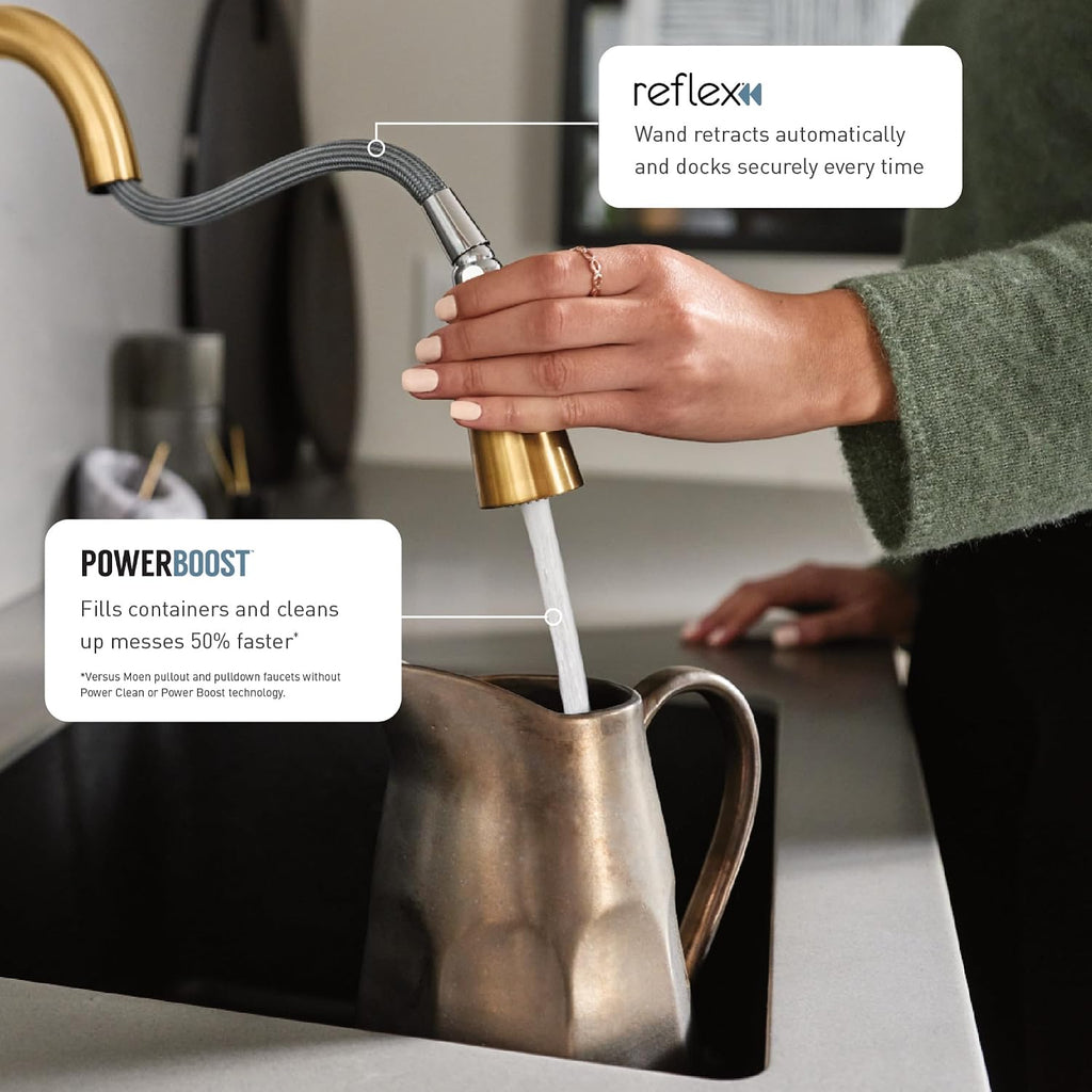 Moen Sleek Brushed Gold One-Handle, Single-Hole Pulldown Kitchen Faucet with PowerBoost Technology for Faster Water Flow, 7864BG