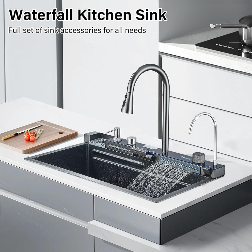Digital Display Waterfall Kitchen Sink Gun Grey Stainless Steel Single Bowl Kitchen Sink With Pull-Out Faucet Kitchen Sink Workstation with Multiple Accessories(29.52'X18.11')
